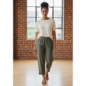 J Jill Women's Olive Green Linen Pull Up Pants with elastic waist size Large